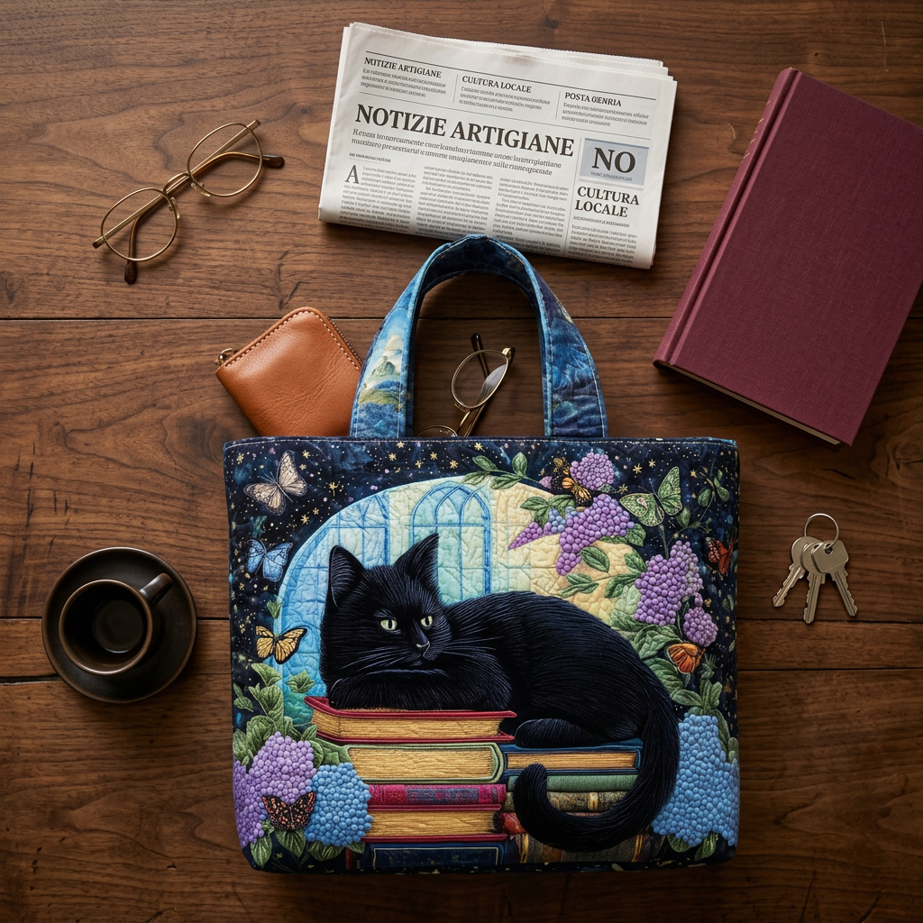 Black Cat on Books Quilted Bag – Gift Idea