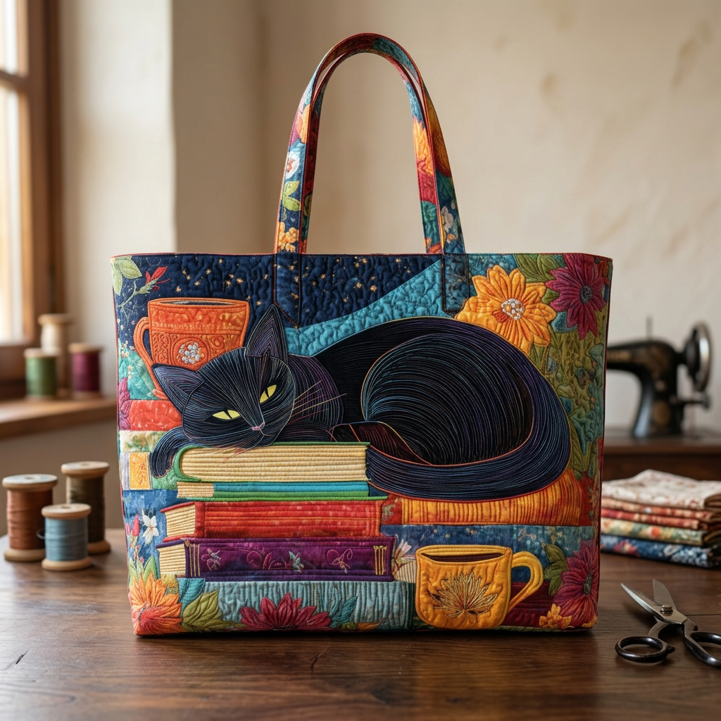 Women's Bag with Black Cat, Books and Mugs – Two Sizes