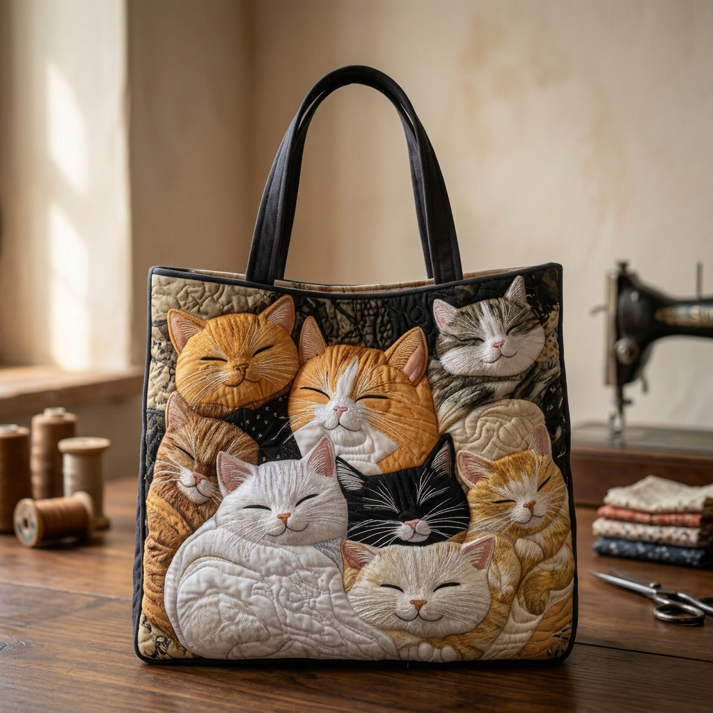 Quilted Bag with Sleeping Kittens – Spacious and Lightweight