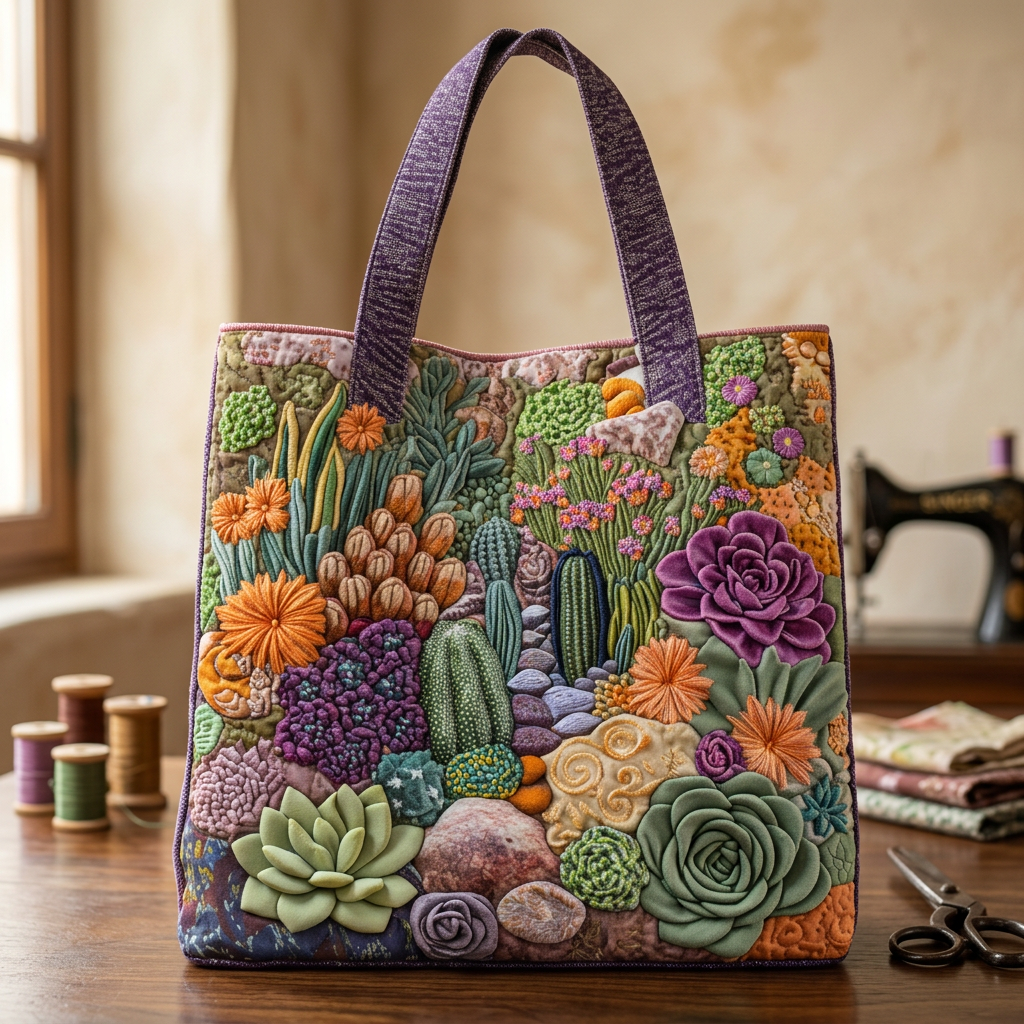 Quilted Floral Tote Bag - Succulent Garden – Two Sizes