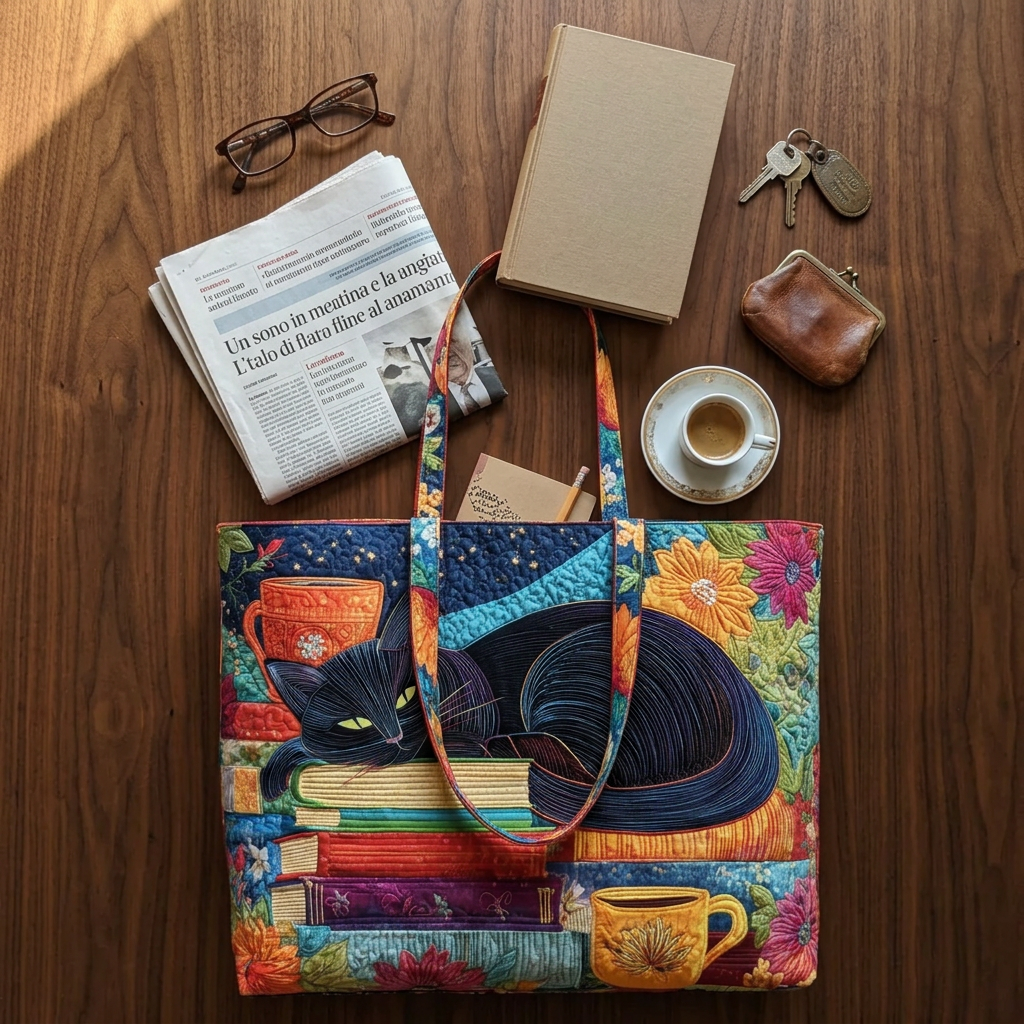 Women's Bag with Black Cat, Books and Mugs – Two Sizes