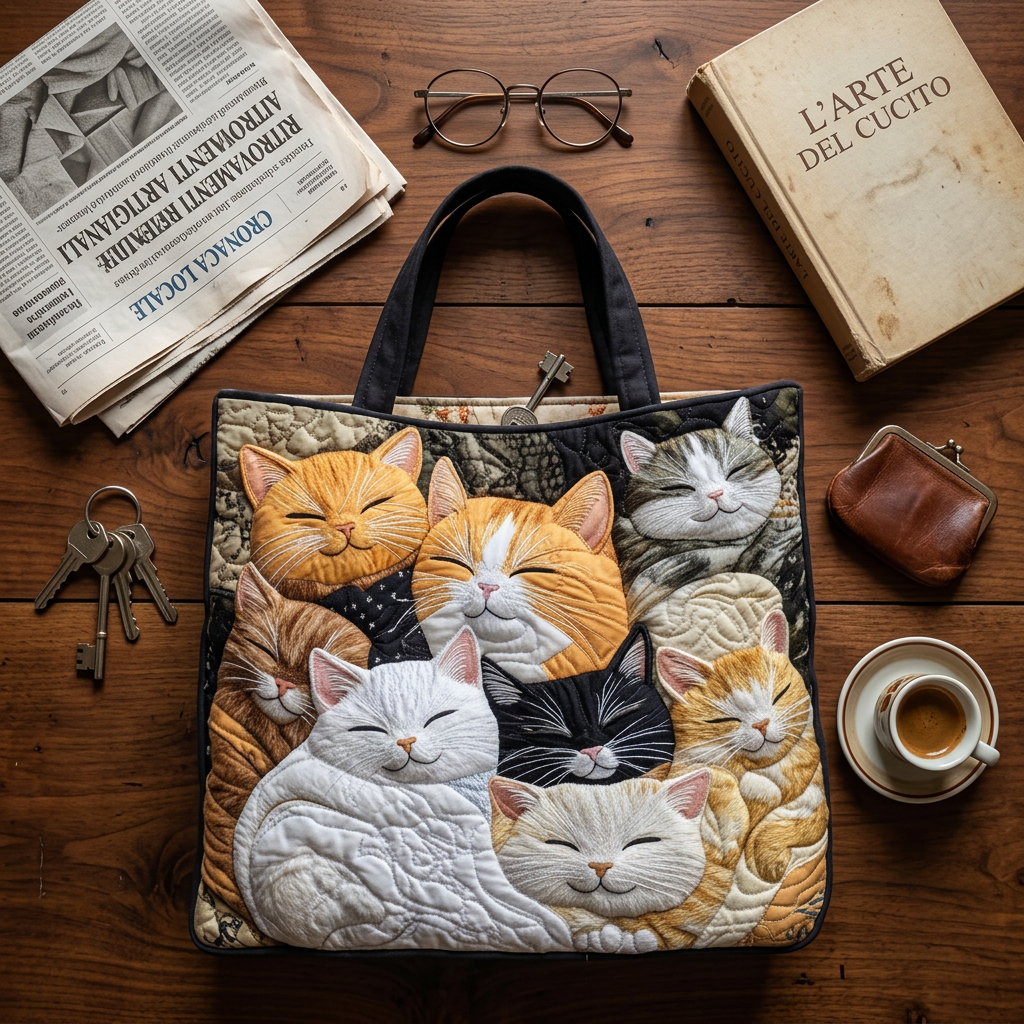 Quilted Bag with Sleeping Kittens – Spacious and Lightweight