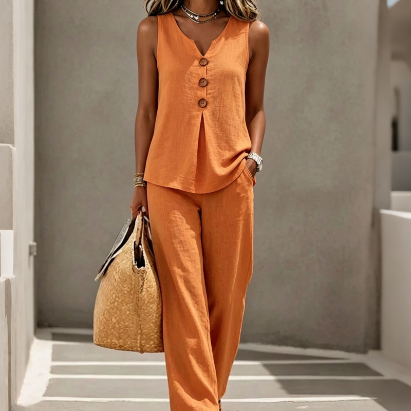 Sleeveless Button Top and Loose Pants Set