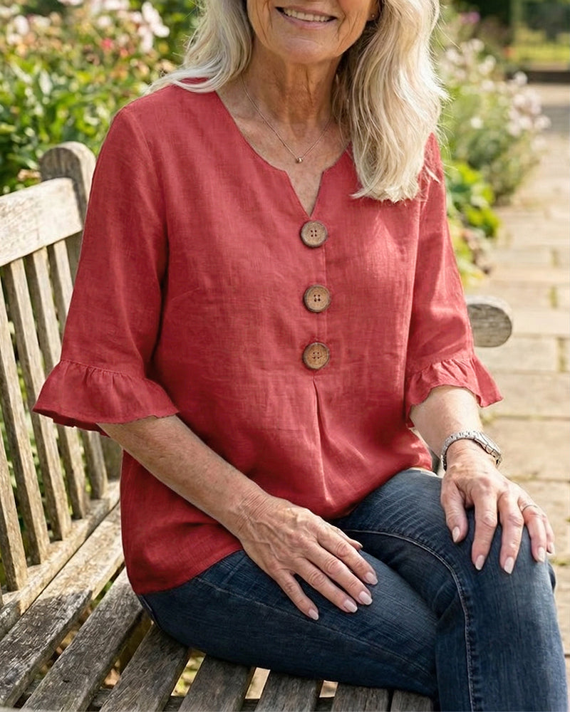 Sofia Cotton-Linen Plain Blouse with Wooden Buttons and Ruffles