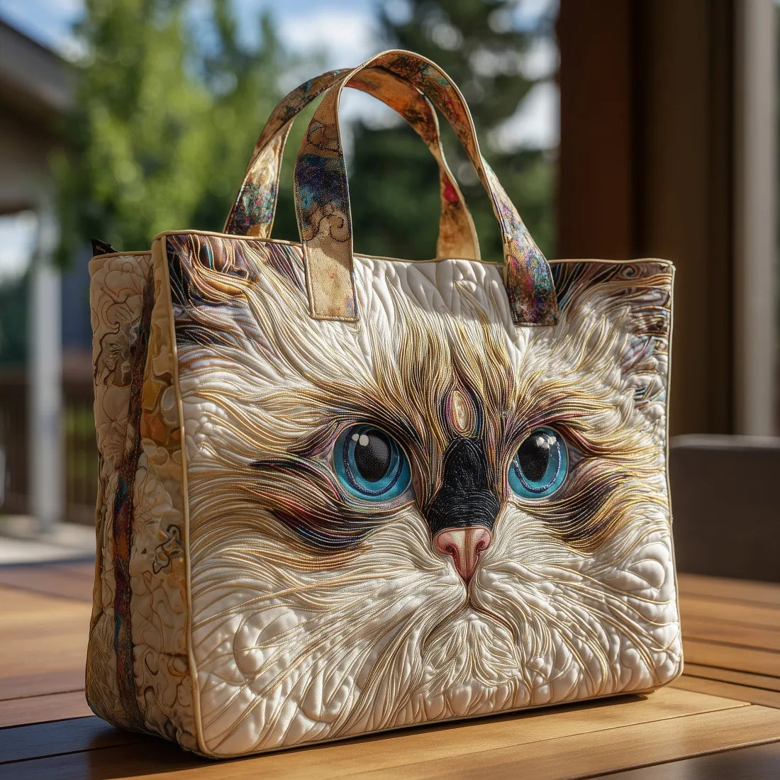 Quilted Bag with White Cat and Blue Eyes – Spacious and Lightweight