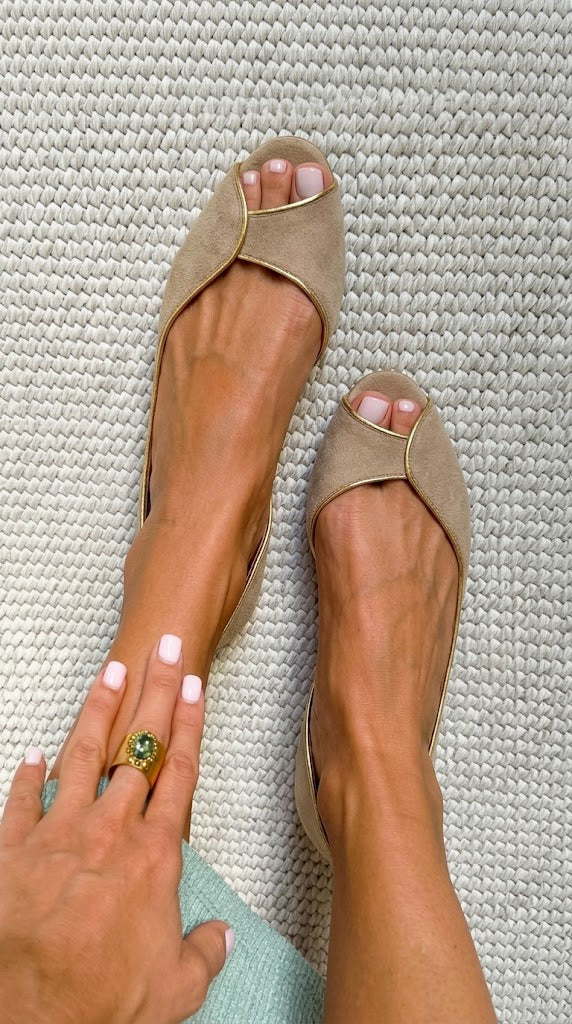Beige and Gold Faux Suede Peep Toe D'Orsay Ballet Flats