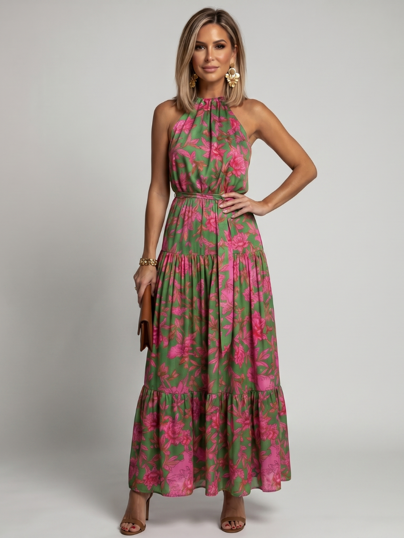 Draped Midi Dress in Pink with Elegant Halter Neck