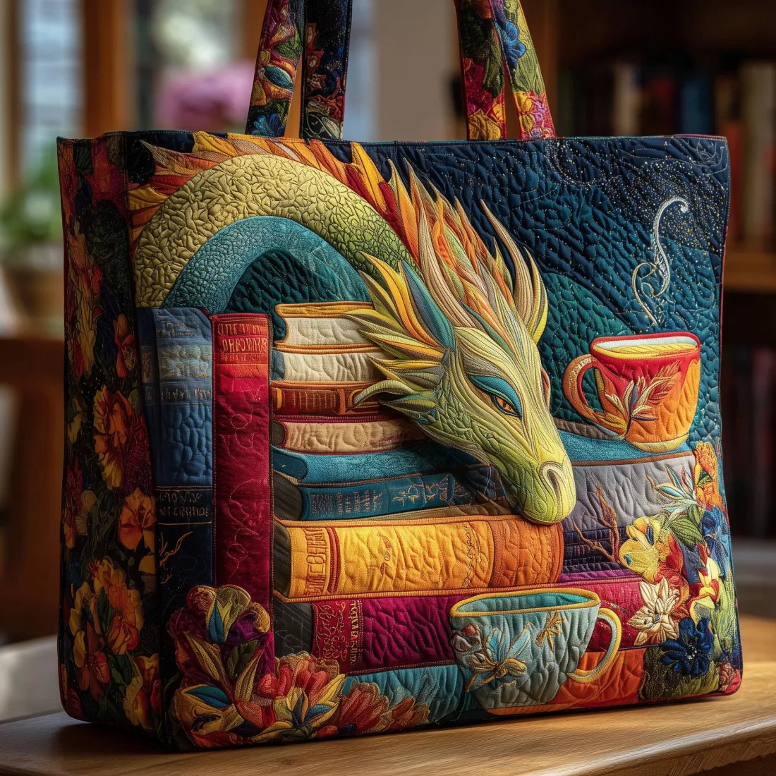 Dragon, Books and Mugs Tote Bag – Spacious and Original