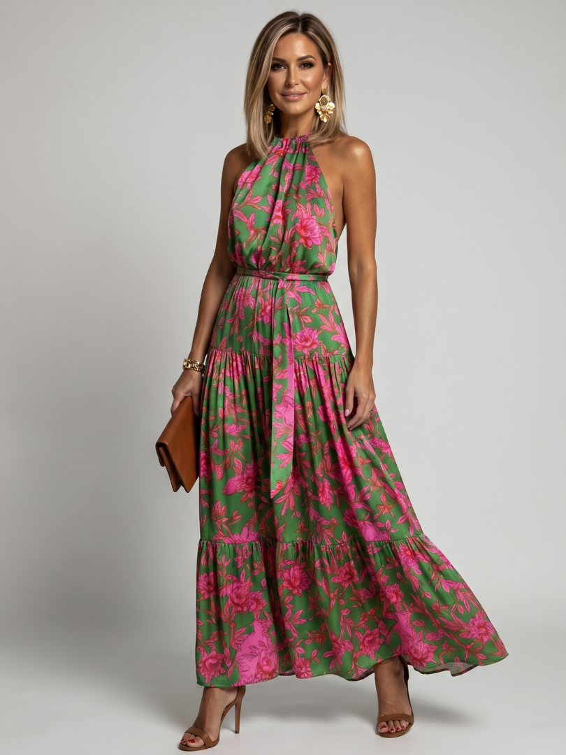 Draped Midi Dress in Pink with Elegant Halter Neck