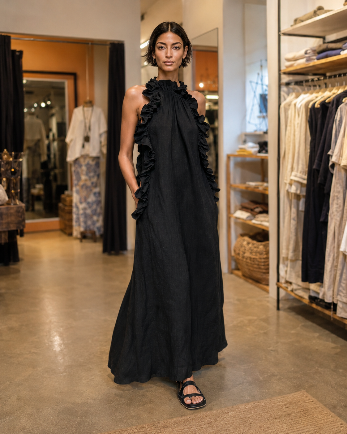 Helene | Vestido maxi sin mangas de lino con volantes