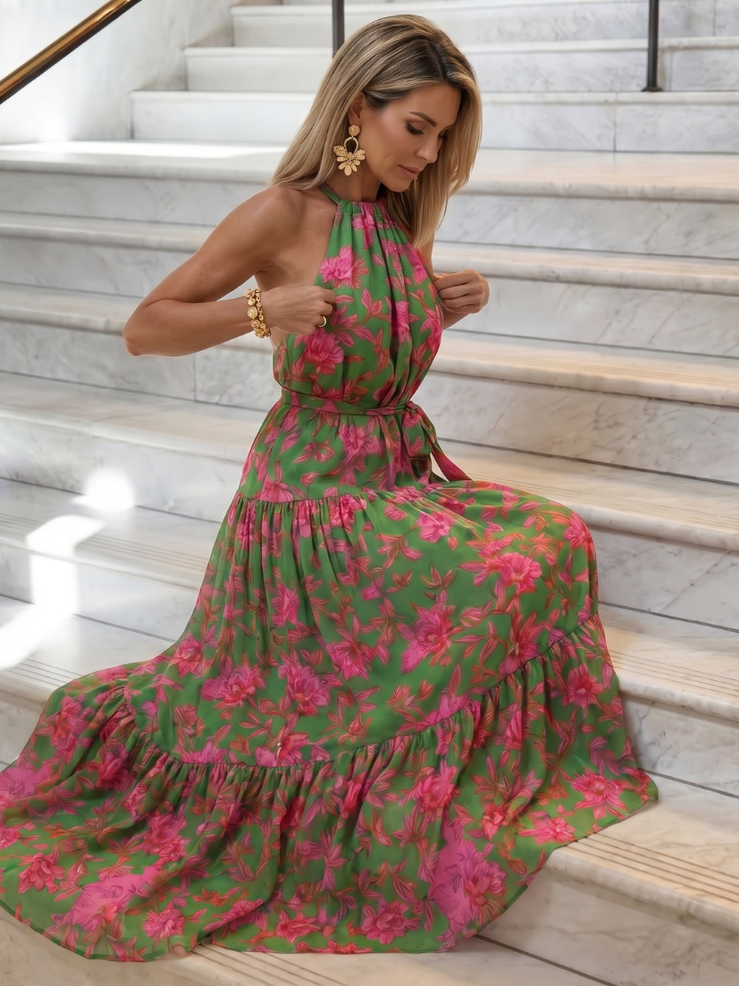 Draped Midi Dress in Pink with Elegant Halter Neck