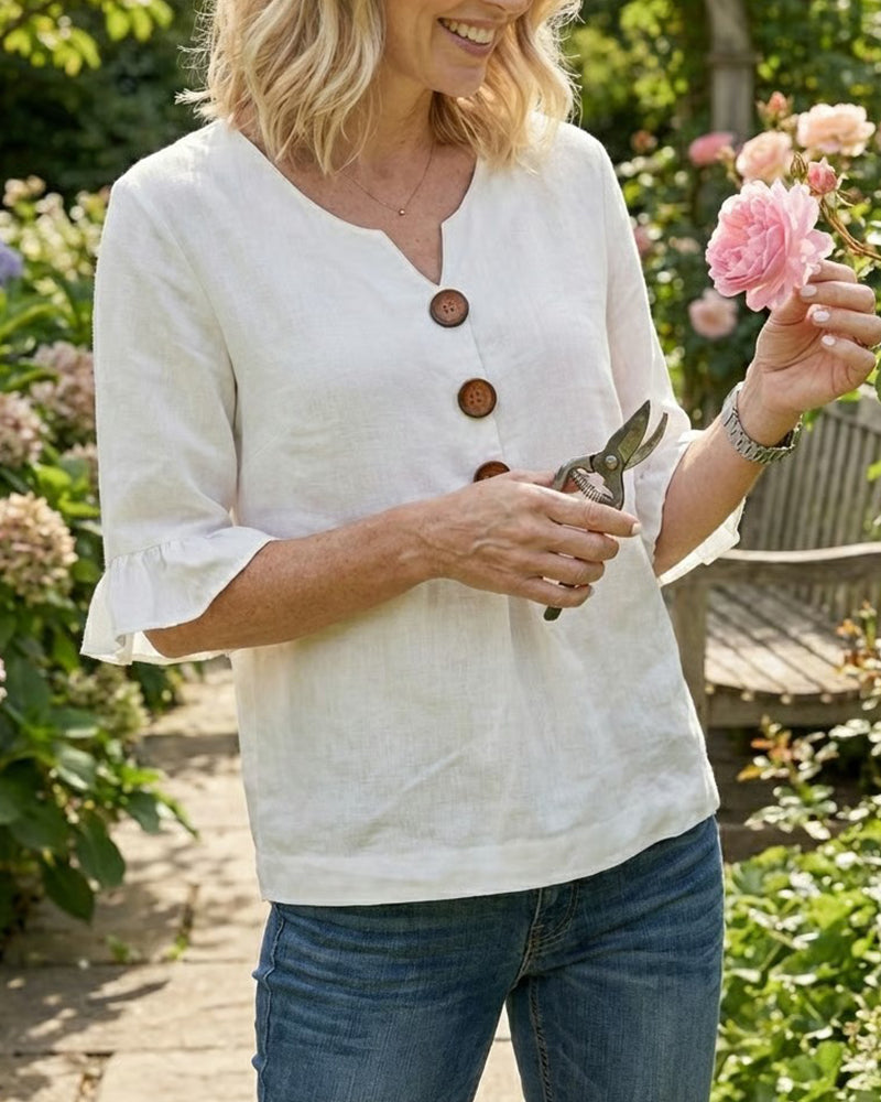 Sofia Cotton-Linen Plain Blouse with Wooden Buttons and Ruffles