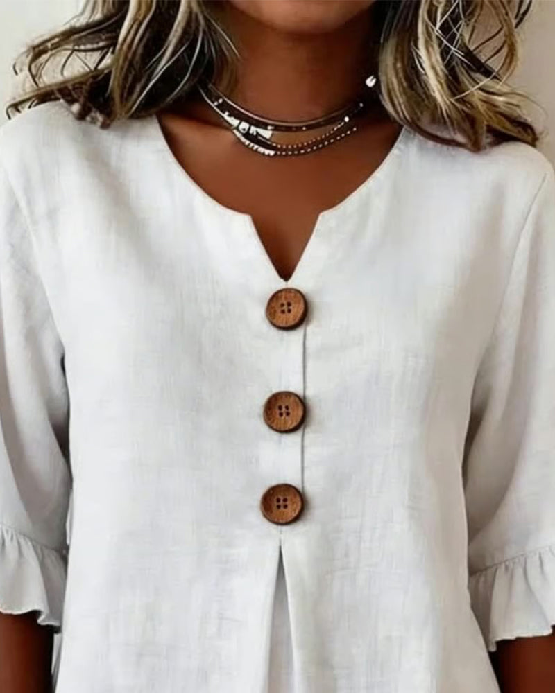 Sofia Cotton-Linen Plain Blouse with Wooden Buttons and Ruffles