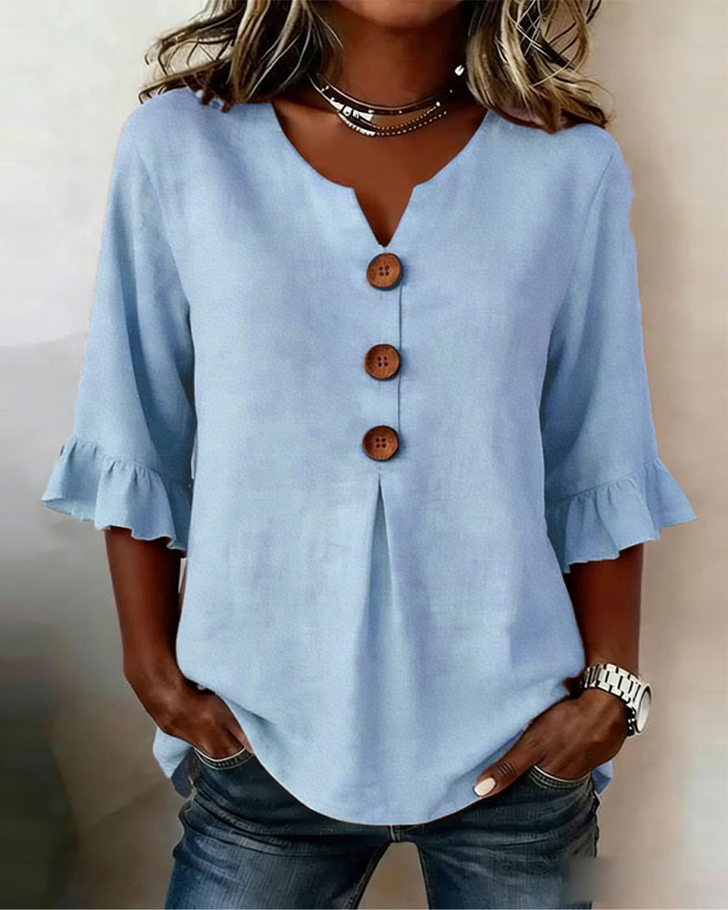 Sofia Cotton-Linen Plain Blouse with Wooden Buttons and Ruffles