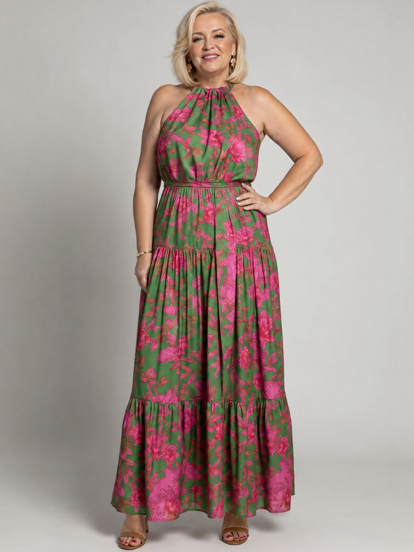 Draped Midi Dress in Pink with Elegant Halter Neck