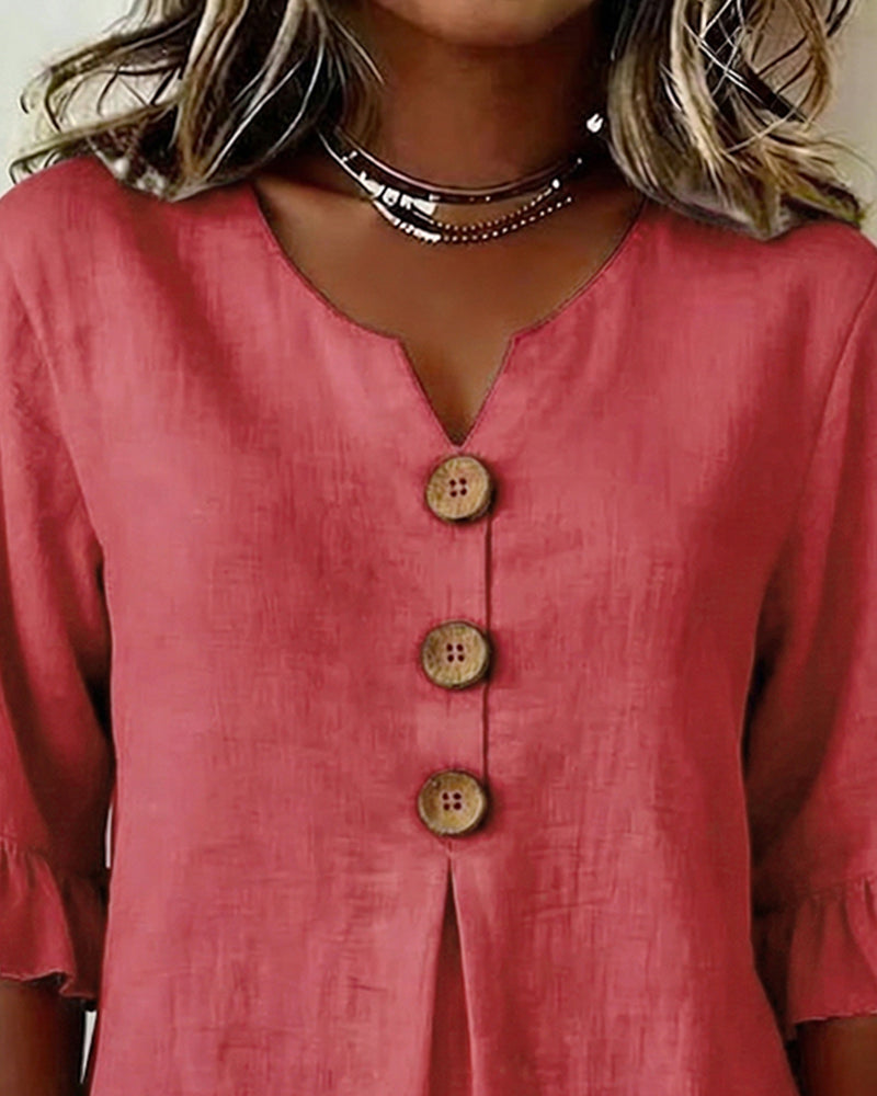 Sofia Cotton-Linen Plain Blouse with Wooden Buttons and Ruffles