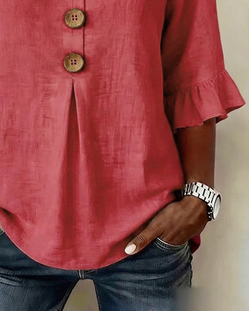 Sofia Cotton-Linen Plain Blouse with Wooden Buttons and Ruffles