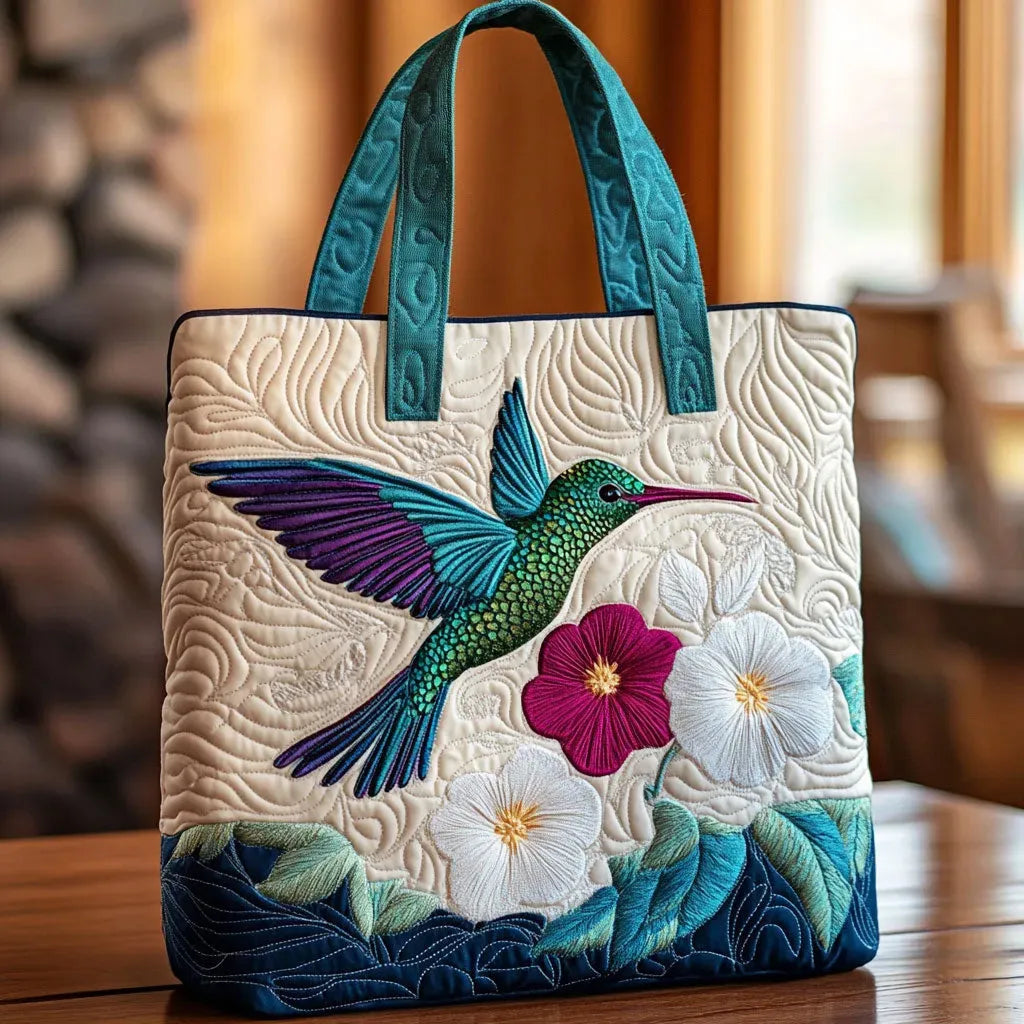 Quilted Floral Bag with Hummingbird and White Flower – Two Sizes