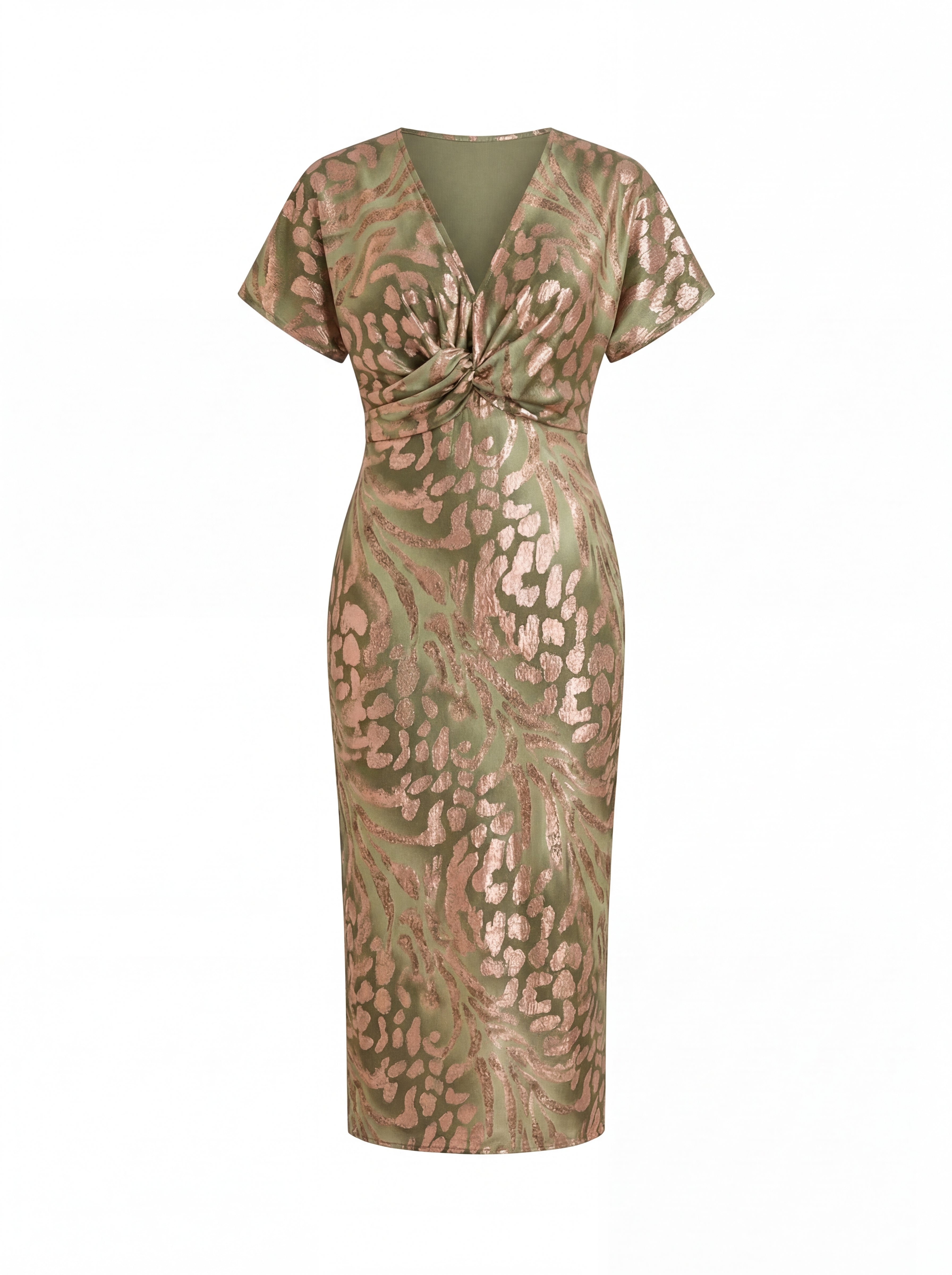 Midi dress with slimming effect, featuring a central knot and flowing drape