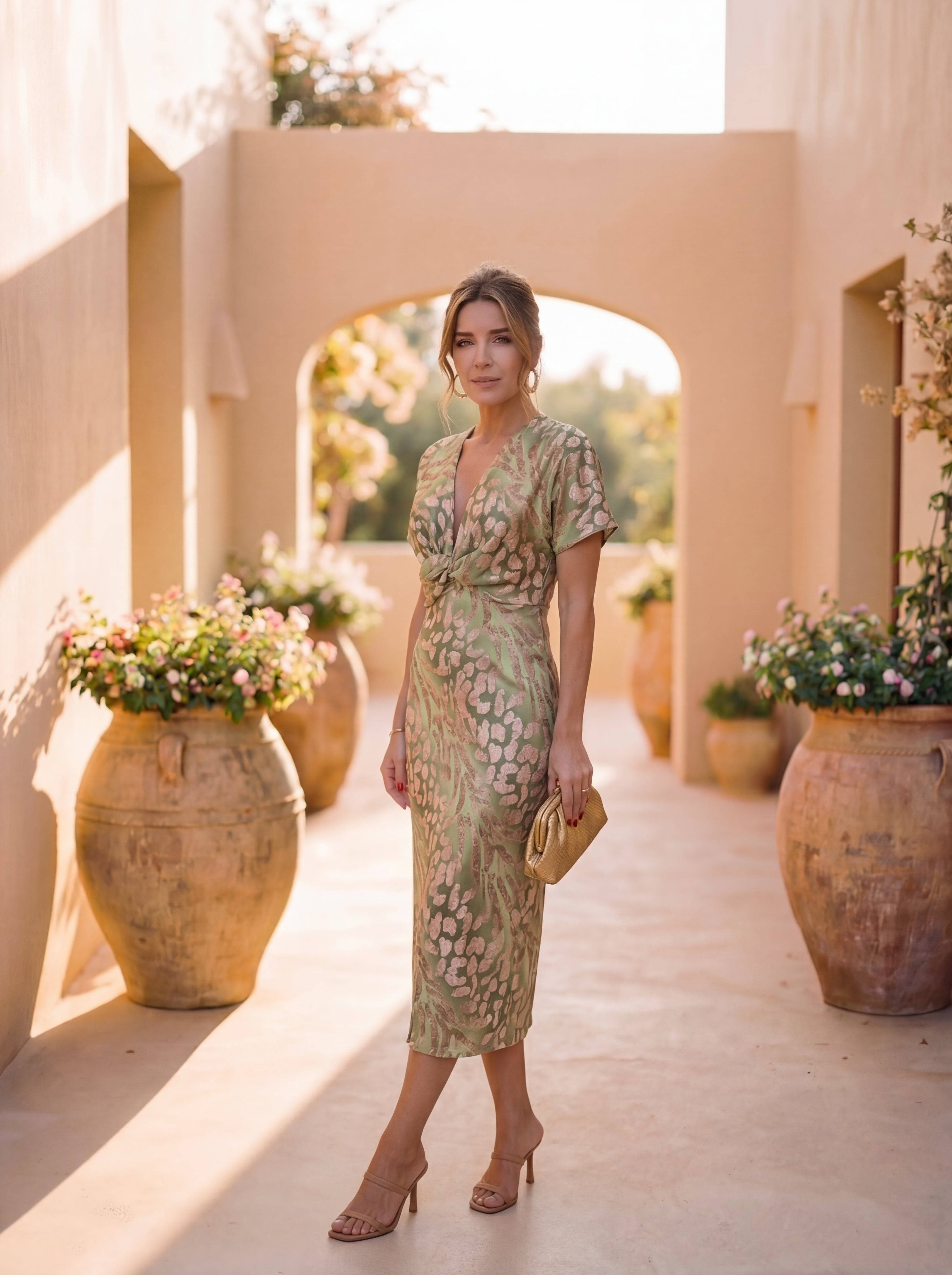 Midi dress with slimming effect, featuring a central knot and flowing drape