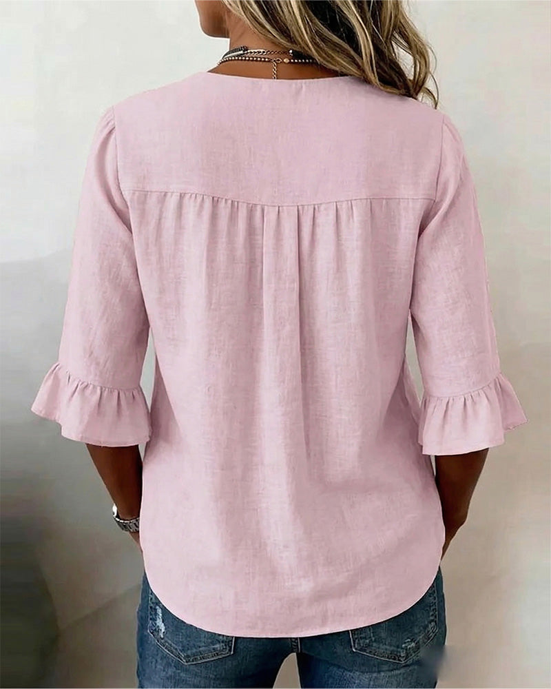 Sofia Cotton-Linen Plain Blouse with Wooden Buttons and Ruffles