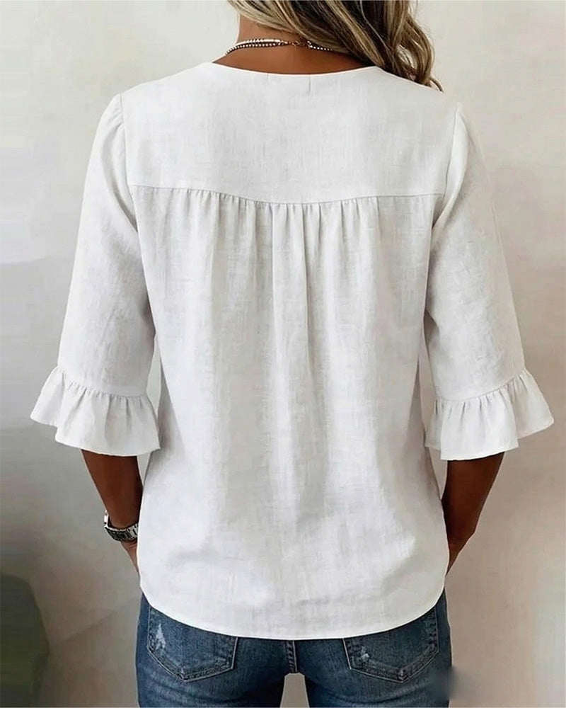 Sofia Cotton-Linen Plain Blouse with Wooden Buttons and Ruffles