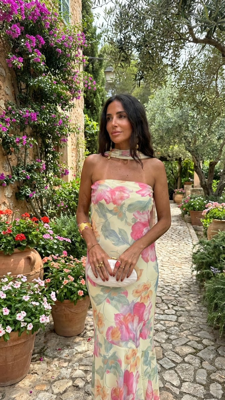 Watercolour Floral Strapless Long Dress