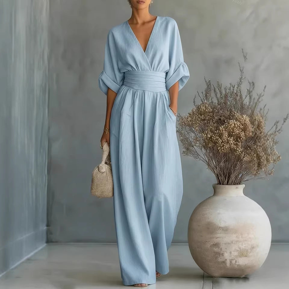 Elegant V-Neck, Backless Dress with Flowing Sleeves - Maison Claire et Sylvie