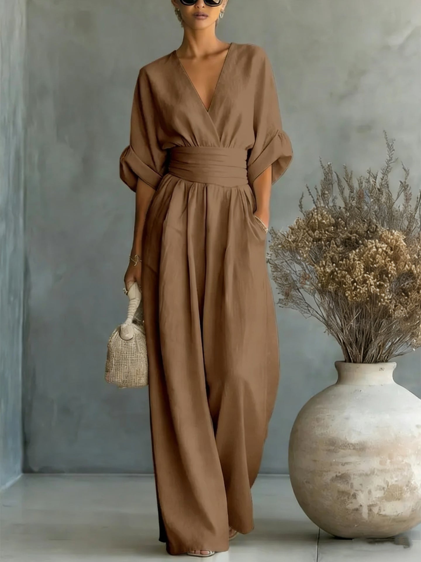 Elegant V-Neck, Backless Dress with Flowing Sleeves - Maison Claire et Sylvie