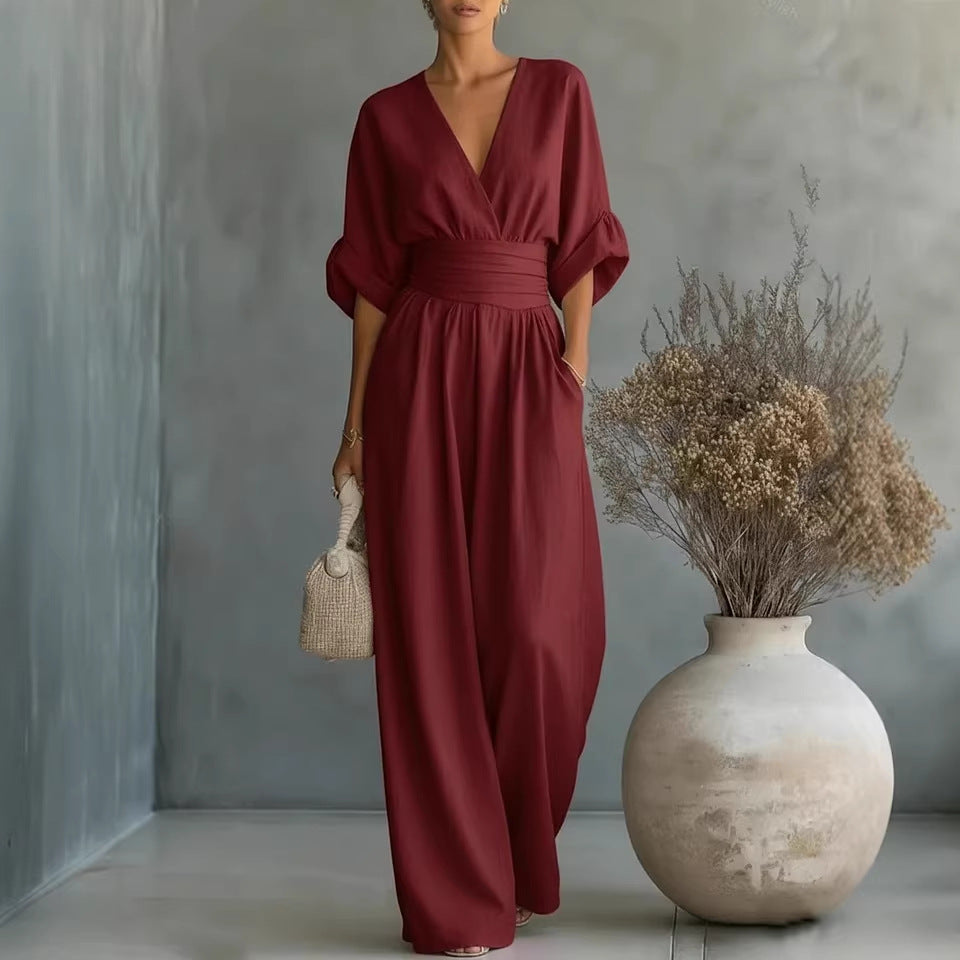 Elegant V-Neck, Backless Dress with Flowing Sleeves - Maison Claire et Sylvie