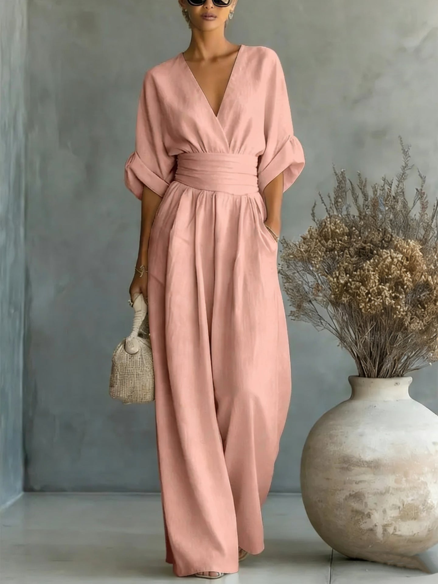 Elegant V-Neck, Backless Dress with Flowing Sleeves - Maison Claire et Sylvie