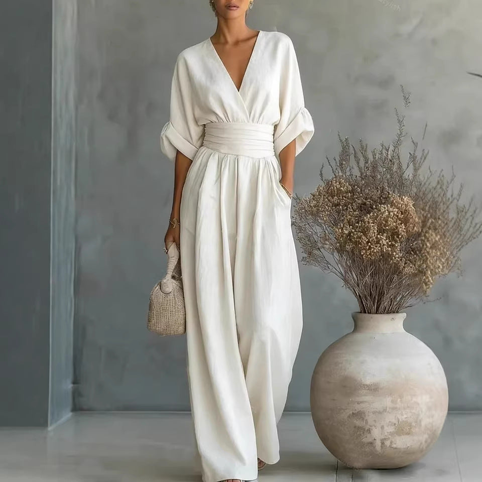 Elegant V-Neck, Backless Dress with Flowing Sleeves - Maison Claire et Sylvie