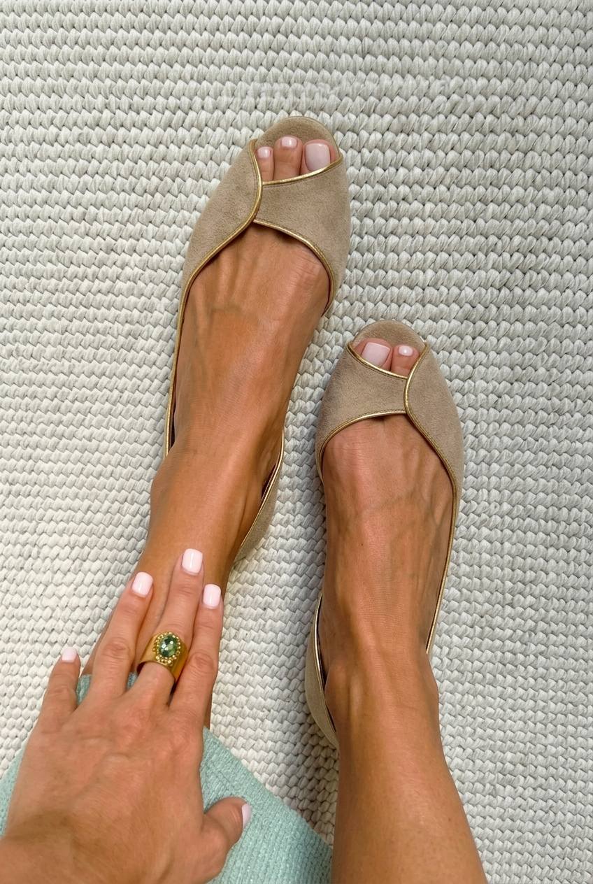 Beige and Gold Faux Suede Peep Toe D'Orsay Ballet Flats
