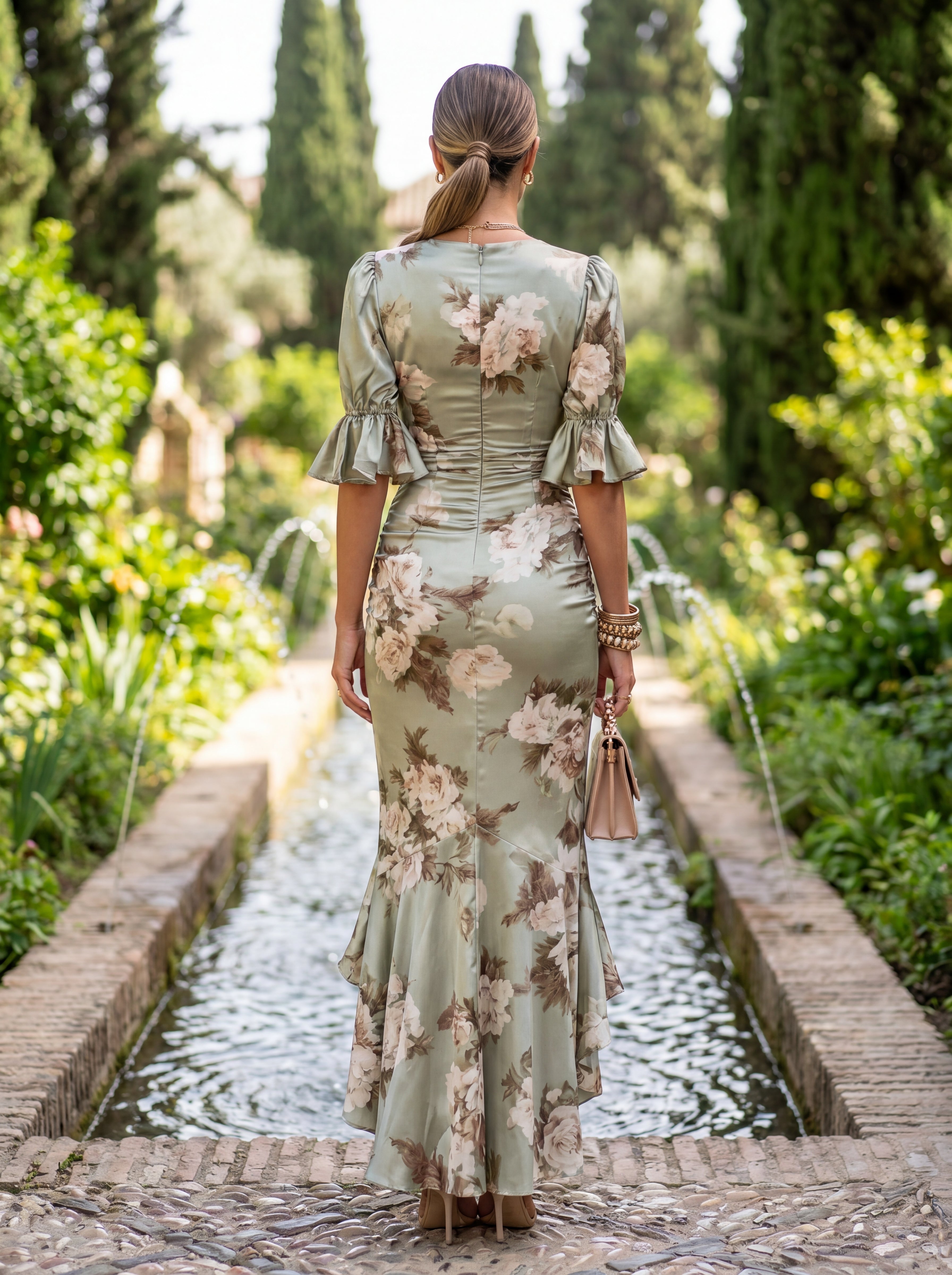 Asymmetrical Long Green Satin Dress with V-Neck - Ana