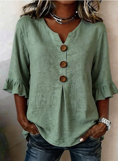 Sofia Cotton-Linen Plain Blouse with Wooden Buttons and Ruffles