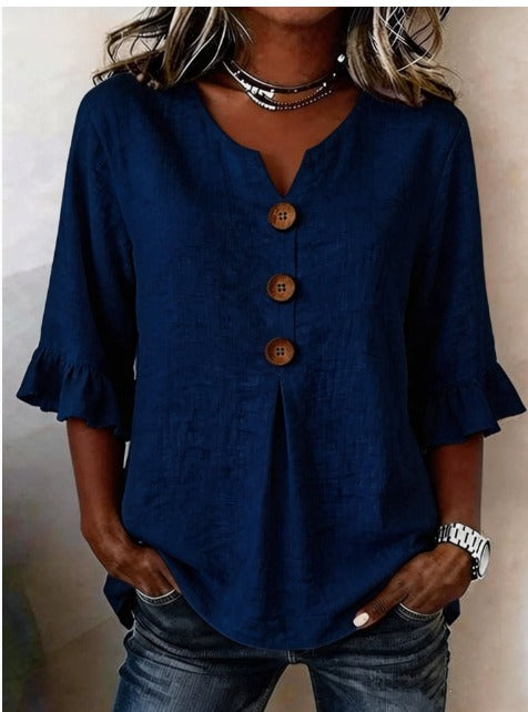 Sofia Cotton-Linen Plain Blouse with Wooden Buttons and Ruffles