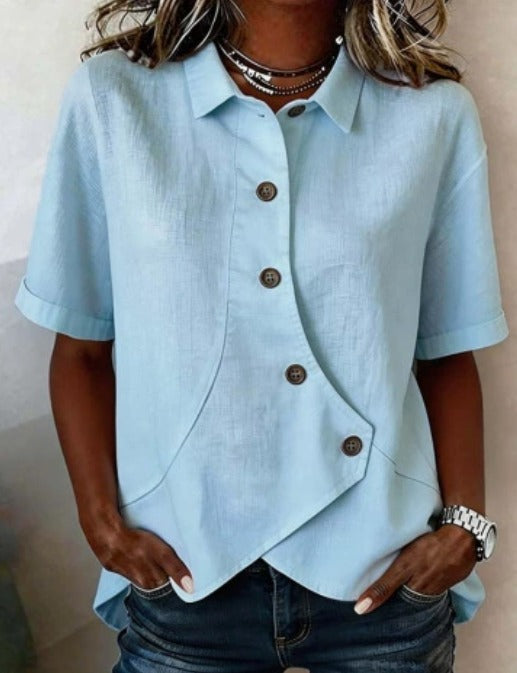 Julia - Asymmetrical Cotton-Linen Blouse with Buttons