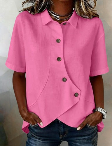 Julia - Asymmetrical Cotton-Linen Blouse with Buttons