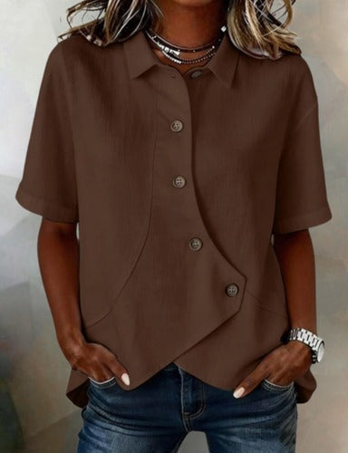 Julia - Asymmetrical Cotton-Linen Blouse with Buttons