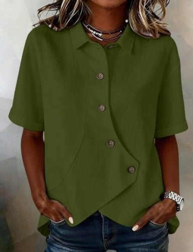 Julia - Asymmetrical Cotton-Linen Blouse with Buttons