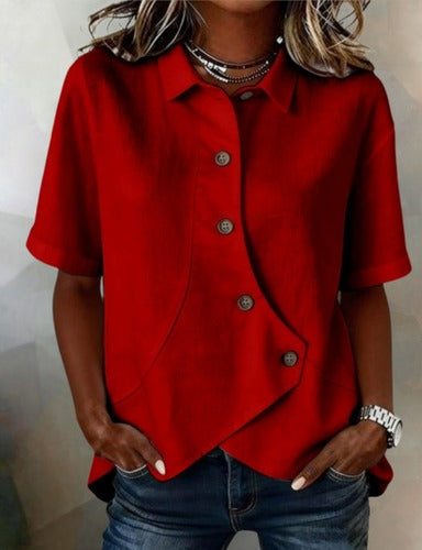 Julia - Asymmetrical Cotton-Linen Blouse with Buttons