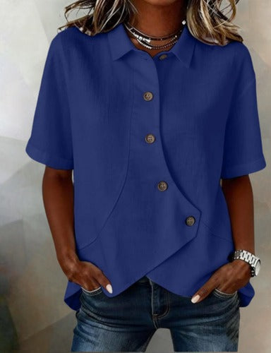Julia - Asymmetrical Cotton-Linen Blouse with Buttons
