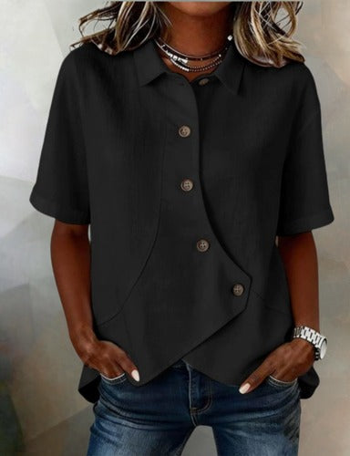 Julia - Asymmetrical Cotton-Linen Blouse with Buttons