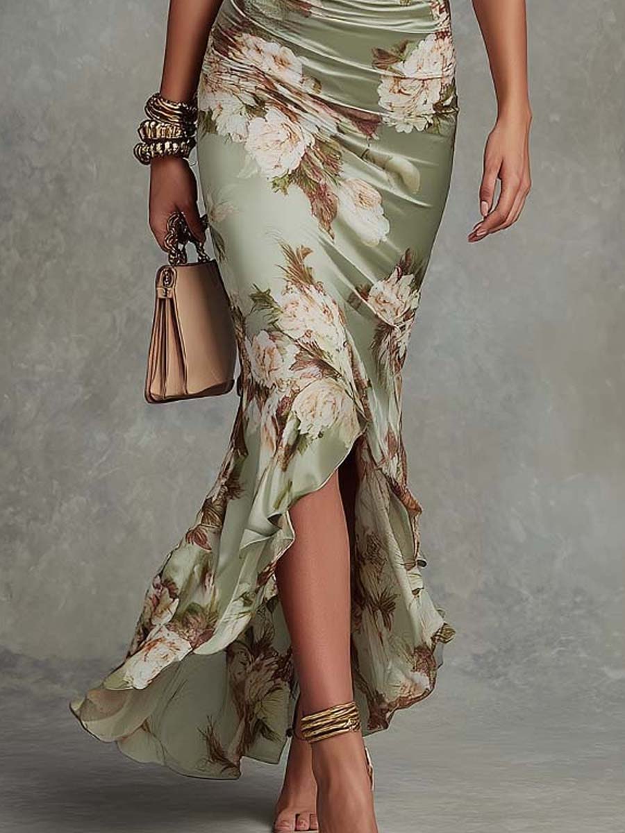 Asymmetrical Long Green Satin Dress with V-Neck - Ana