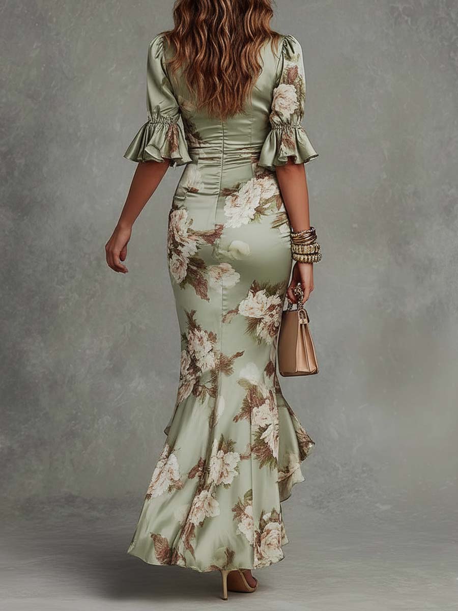 Asymmetrical Long Green Satin Dress with V-Neck - Ana