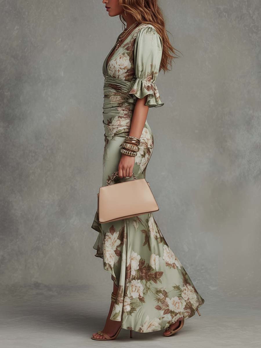 Asymmetrical Long Green Satin Dress with V-Neck - Ana