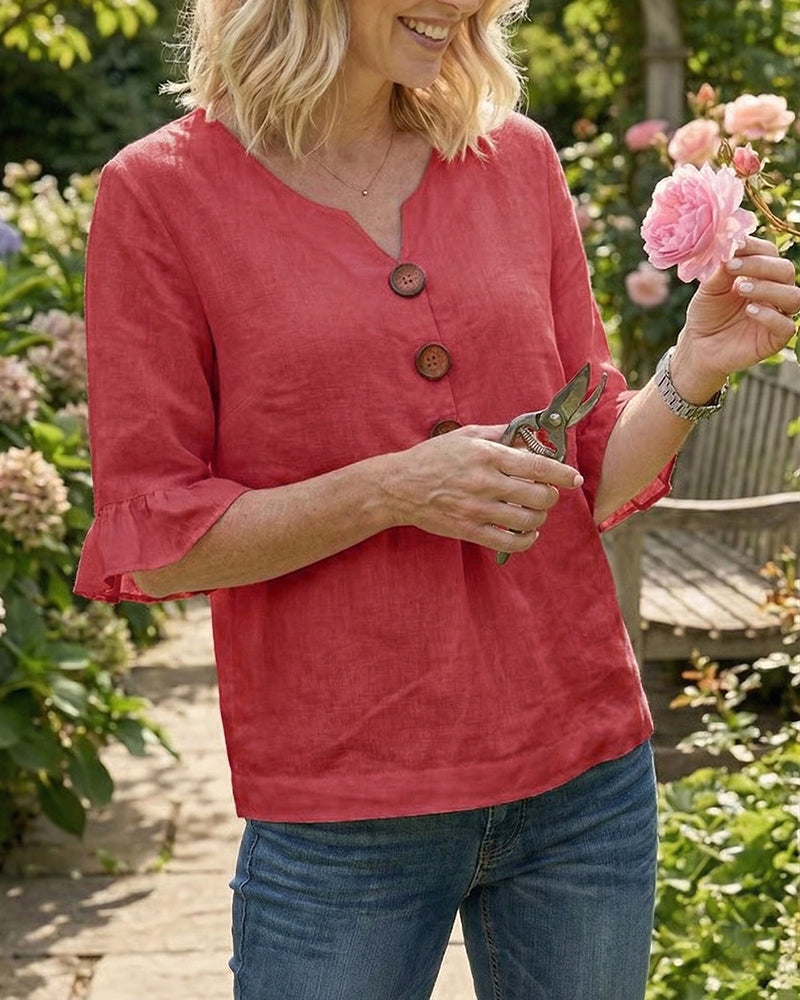 Sofia Cotton-Linen Plain Blouse with Wooden Buttons and Ruffles