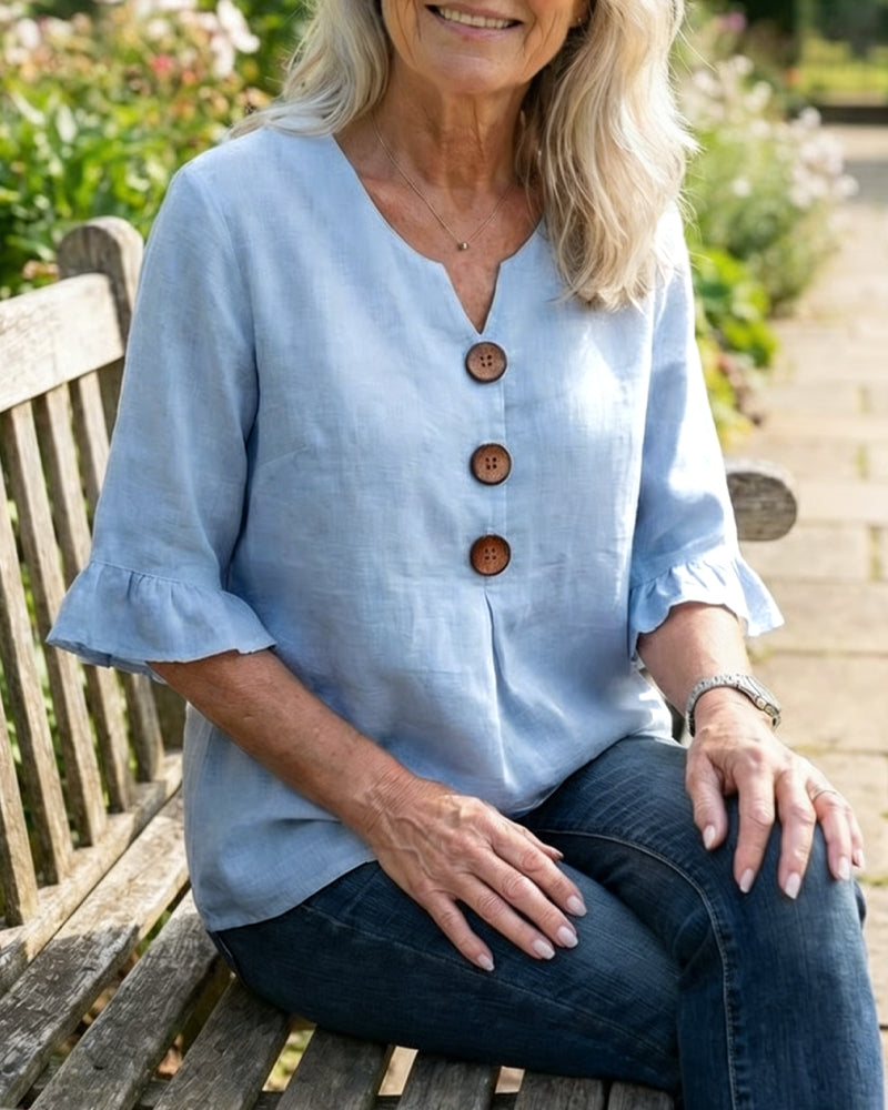 Sofia Cotton-Linen Plain Blouse with Wooden Buttons and Ruffles