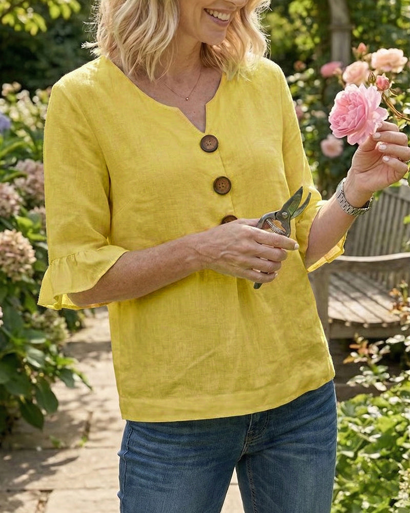 Sofia Cotton-Linen Plain Blouse with Wooden Buttons and Ruffles
