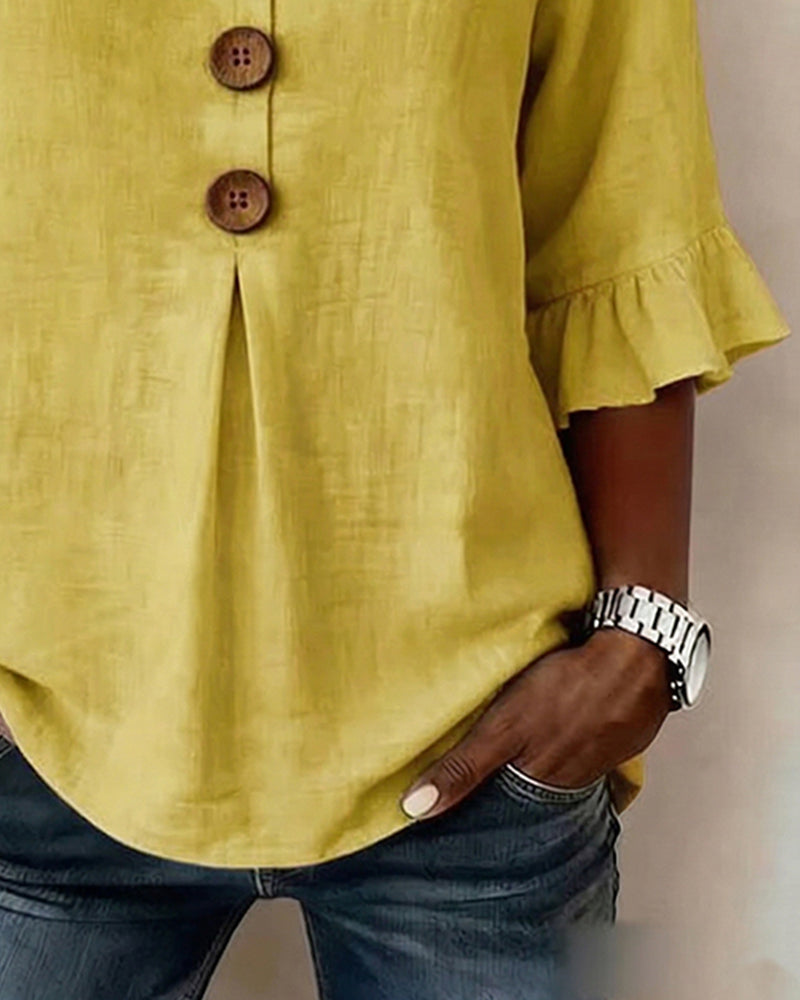 Sofia Cotton-Linen Plain Blouse with Wooden Buttons and Ruffles